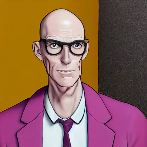 Image similar to A middle-aged Dr. Venture in real life with a hooked nose, a long gaunt face and skinny body and neck, very thin and bald, realistic, very realistic, hyperrealistic, highly detailed, very detailed, extremely detailed, detailed, digital art, oil painting, trending on artstation, headshot and bodyshot, detailed face, very detailed face, extremely detailed face, HD Quality, 8k resolution, very very detailed face, real life