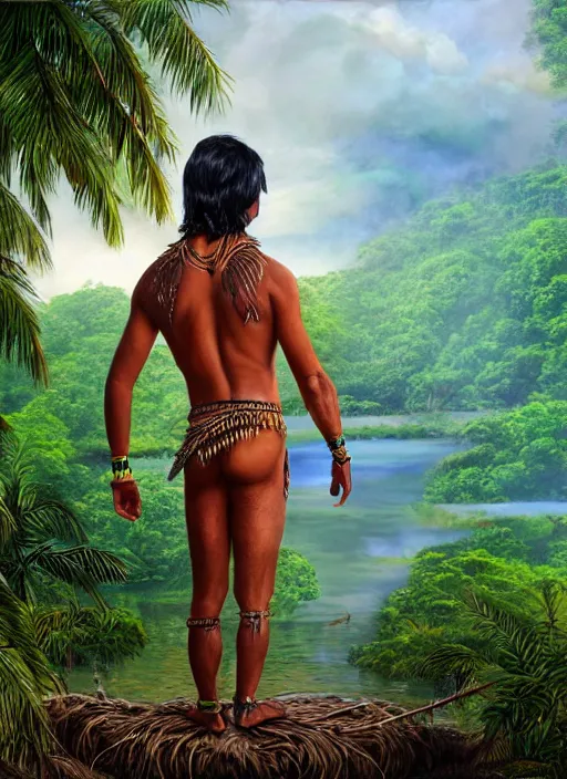 Prompt: a young indigenous amazon man standing on the bank of the amazon river, matte painting, ayahuasca, fantasy art