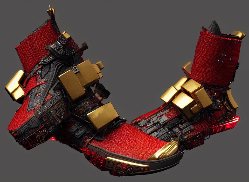 Prompt: realistic 3 d render of a cyberpunk android sneaker, beautiful studio lighting, soft, sharp focus, neon cyberpunk highlights, intricate detail, gold and red accents, soft rubber, octane render, side view, close up, trending on artstation, deviantart, issey miyake, lloyd wright, feng zhu