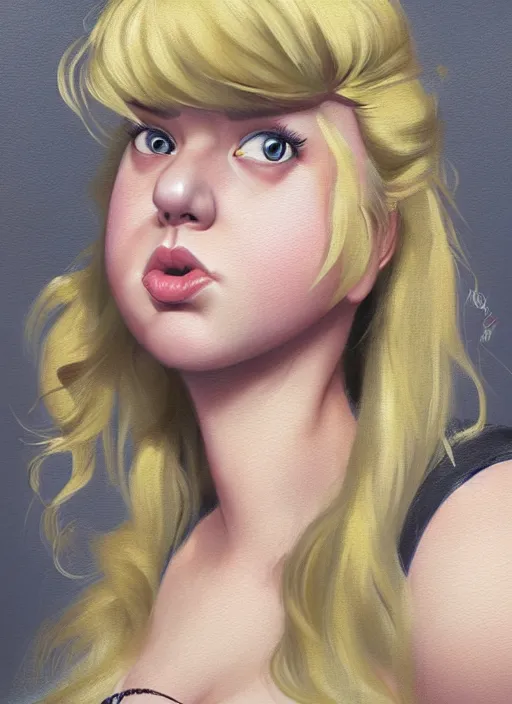 Image similar to full body portrait, teenage betty cooper, blonde hair, obese, bangs, ponytail, sultry, realistic, sultry smirk, fluffy bangs, curly bangs, fat, belly, beautiful girl, intricate, elegant, highly detailed, digital painting, artstation, concept art, smooth, sharp focus, illustration, art by wlop, mars ravelo and greg rutkowski