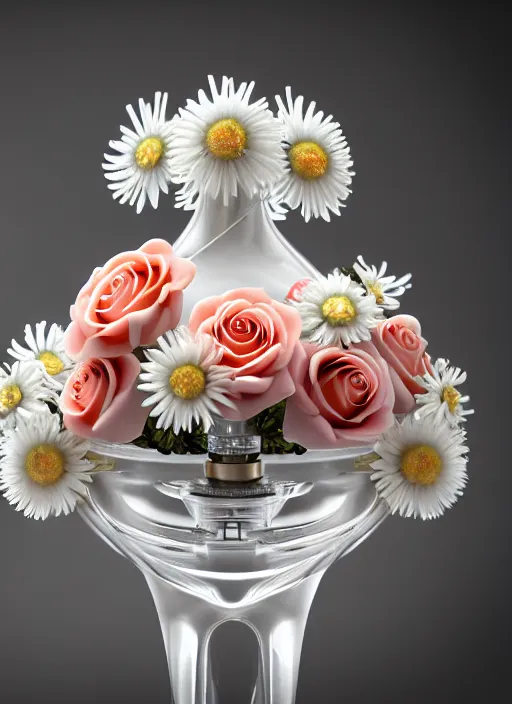 Image similar to perfume bottle standing in a miniature biomechanical white enchanted coral kingdom daisies, roses in an ivory room well contoured smooth fair walls, up close shot, sharp focus, global illumination, radiant light, alexandre ferra white mecha, irakli nadar, octane highly render, 4 k, ultra hd,