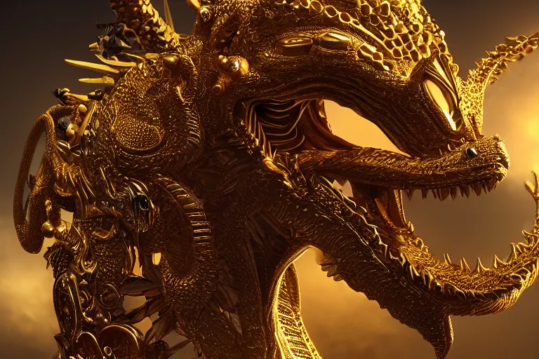 Image similar to cinematic closeup portrait of a golden dragon intricately decorated with jewels, sandstorm, detailed textures, dramatic lighting, unreal engine, cgsociety, artstation, 4k