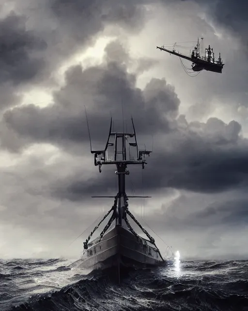 Image similar to establishing shot of a fishing boat on stormy seas, a gigantic star destroyer spaceship flying overhead, stormy weather, dramatic lighting, unreal engine, hyper realism, realistic shading, cinematic composition, realistic render, octane render, detailed textures, photorealistic, ultrawide shot, 16mm lens