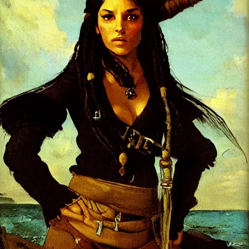 Image similar to a female pirate from avatar, painting by courbet