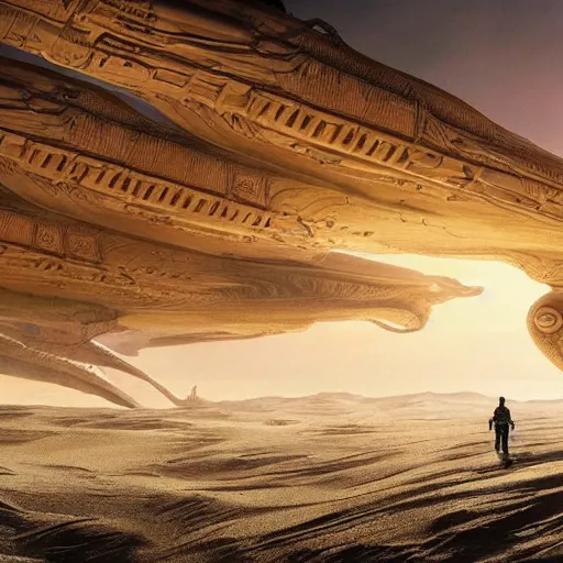 Prompt: scene from dune 2 0 2 1 movie, hr giger artlilery spaceship lands in an alien landscape, filigree ornaments, volumetric lights, micheal whelan