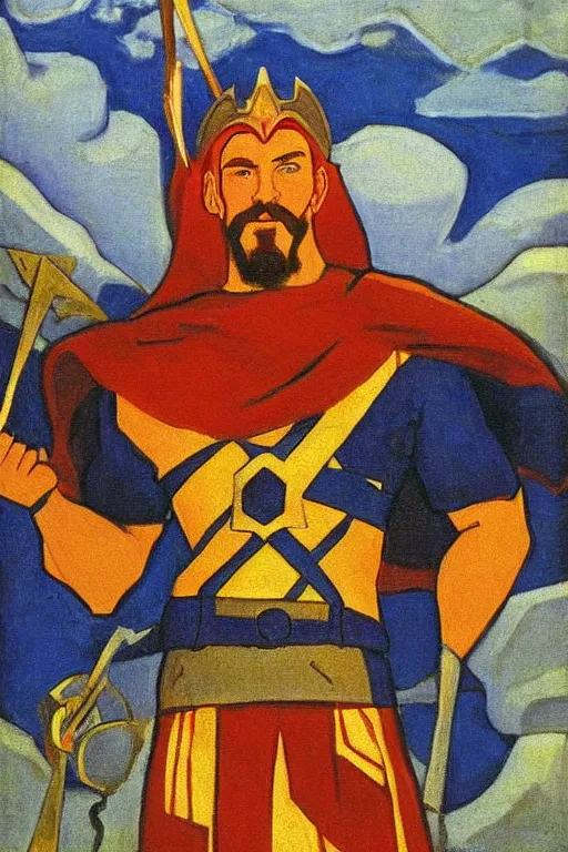 Image similar to thor, marvel, artwork by nicholas roerich,