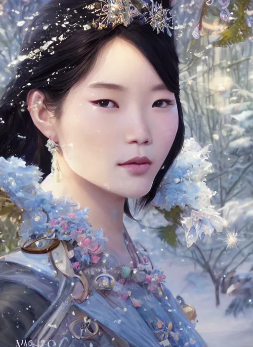 Image similar to a beautiful young charming princess asian goddess with sundress & jewelry & shinny eyes & winter, symmetric, realistic shaded, unpleasant face, good looking, fine details, dior, lv, realistic shaded lighting poster by greg rutkowski, macoto takahashi, magali villeneuve, artgerm, jeremy lipkin and michael garmash