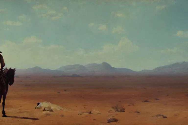 Prompt: a lone tired cowboy rides his horse in a vast desert valley, cinemascope, grand vista, greys and rust hues, fredrick remington, widescreen