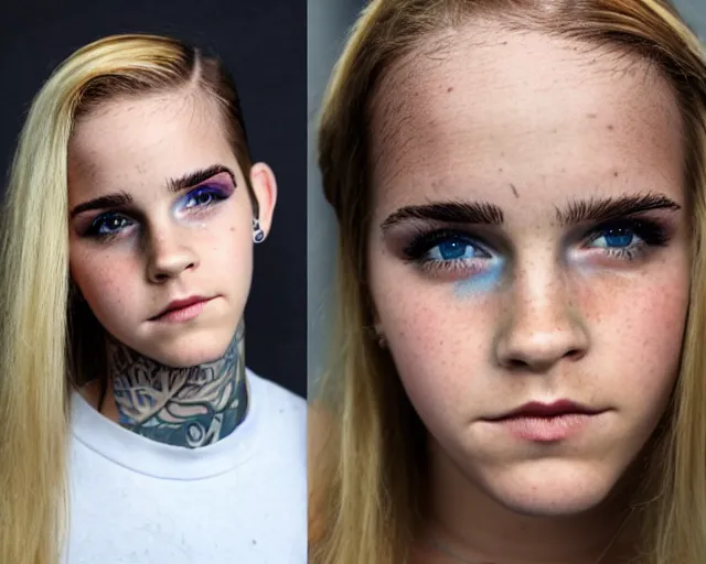 Prompt: color studio photo of a tom boy, young adult, face tattoos, blonde hair, white hoodie, emma watson, detailed, close - up