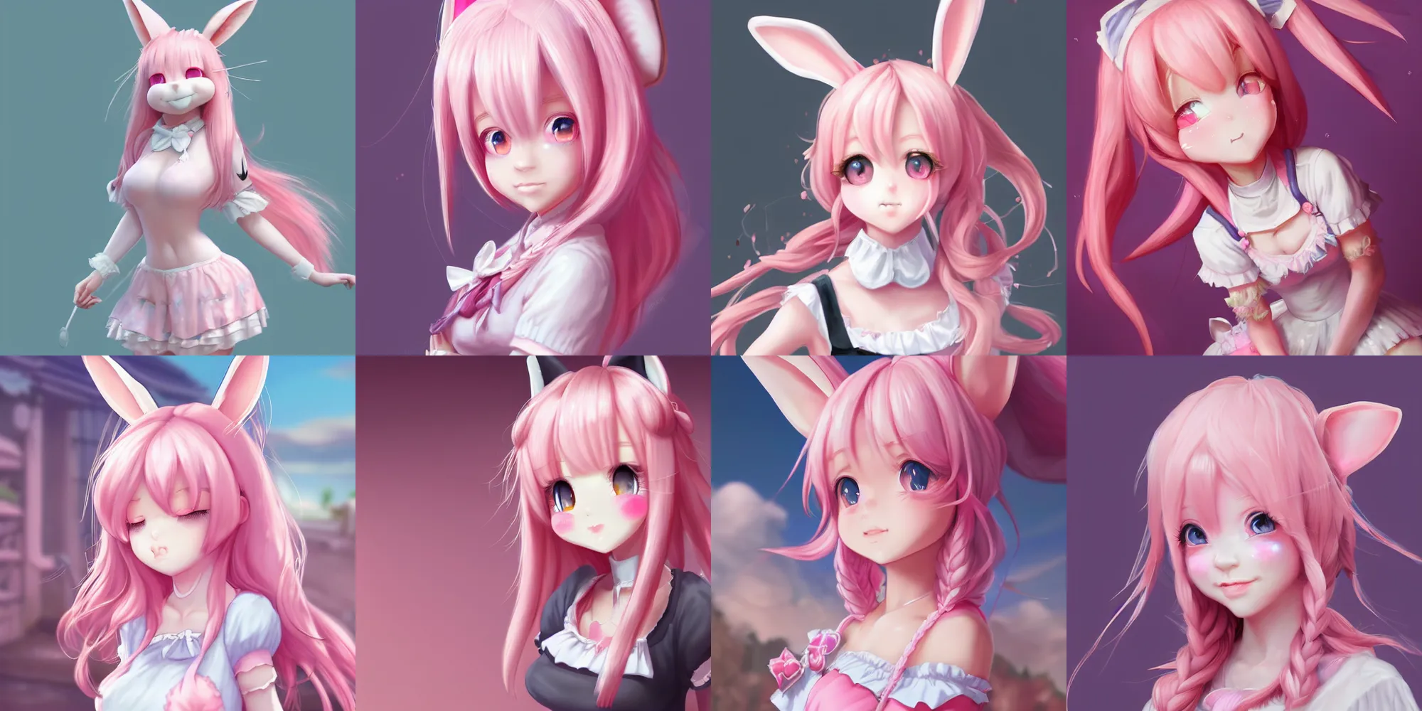 Prompt: very beautiful!!!!!! digital painting of a blushing pink-haired rabbit girl masterpiece!!!!!!, neko, maid, wlop, trending on artstation, hyperdetailed, Unreal Engine 4k, 8k, ultra HD, render in octane