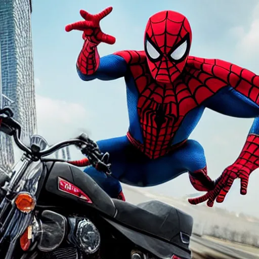 Image similar to spiderman riding a motorcycle , movie scene, cinematic, trailer Hollywood