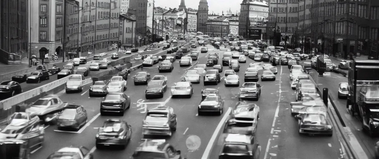 Prompt: Photo of Stockholm car traffic in the far future, Arriflex ii, 35mm lens, award-winning, city