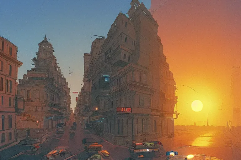 Image similar to bucharest streets sunset by chris foss, artwork, artstation, concept art