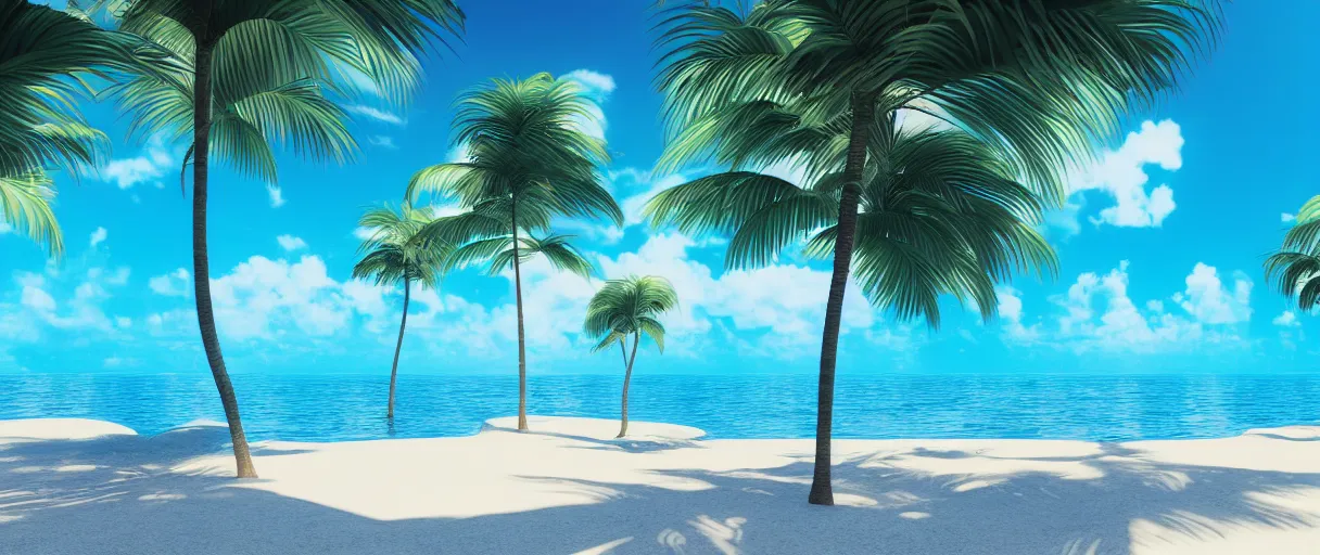 Image similar to synthwave beach, palm trees, water with caustics, 3 d octane render, raytracing, dynamic lighting, focus