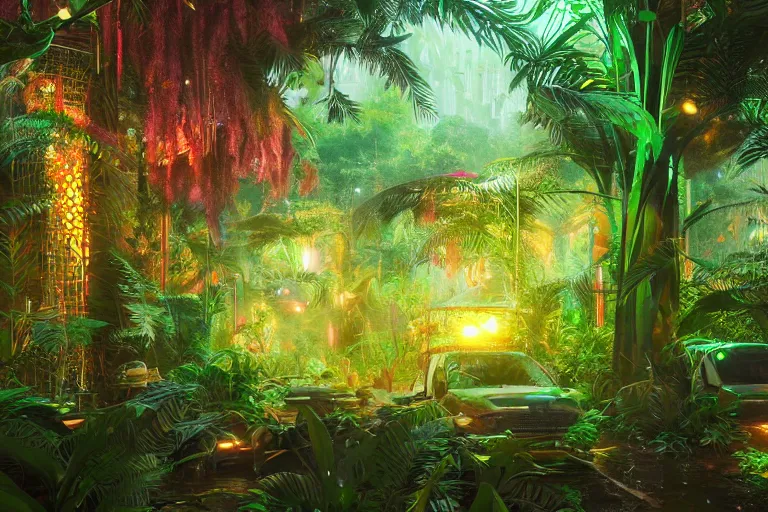 Image similar to neon rainforest, detailed render, hyperrealistic, cgsociety, artstation, 4k