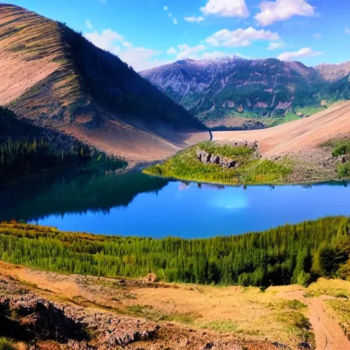 Image similar to beautiful still lake with reflective water, low mountains and beautiful far clouds