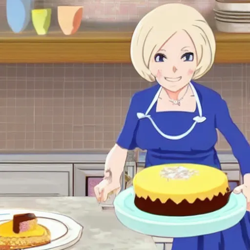 Prompt: mary berry as an anime girl cooks a cake