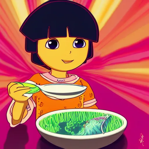 Image similar to Dora the explorer eating ramen noodles. cinematic, cartoon, detailed, under water, vegitation, psychedelic, dramatic lighting, trending on deviantart