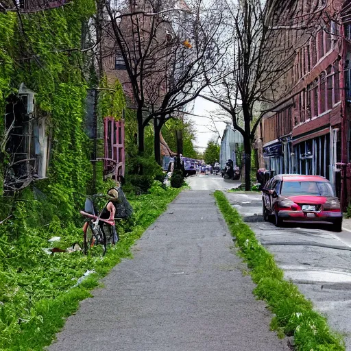 Prompt: main street in northampton, ma overgrown after 5 0 0 years since the apocalypse