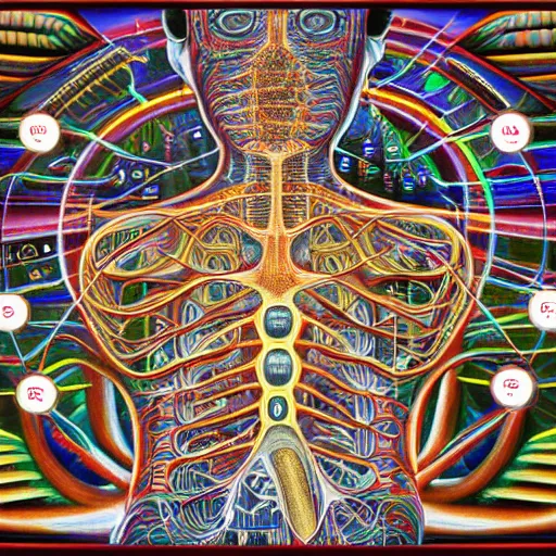 Image similar to the anatomy of a human/computer system by Alex Grey, highly detailed, aesthetic, 8K