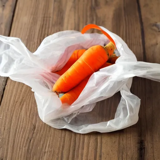 Prompt: photo carrots in a plastic bag with a damp paper towel inside,