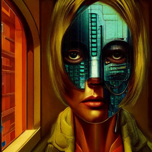 Image similar to detailed face of a synthetic human, clockwork woman, moment, tectonic sky, skydome, bullet train, tech noir, wet reflections, prism, atmospheric, ambient, pj crook, syd mead, livia prima, greg rutkowski, edward hopper