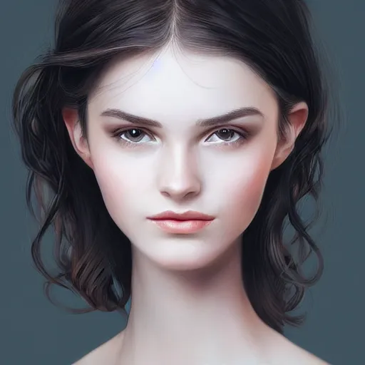 Image similar to elegant young brunette woman, Cottagecore, full face frontal centred, very detailed, portrait, high contrast, soft lighting, shallow focus, RossDraws, Rene Lalique, trending on artstation