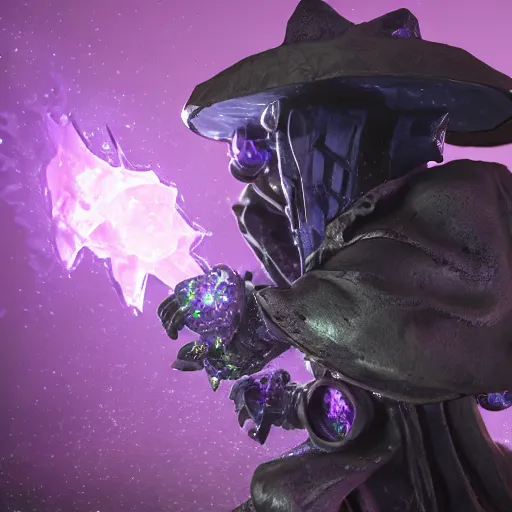 Image similar to Abyss Watcher, Purple Crystals, Mystic Creature, Light fog, raytracing, 40nm lens, shallow depth of field, split lighting, 4k,