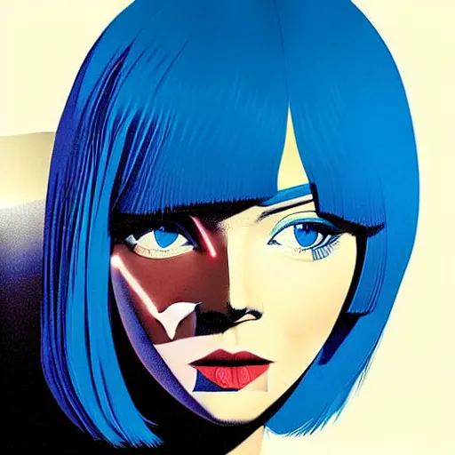 Image similar to woman with bobcut haircut with friendly blue eyes and slim features looking askance while smoking, underground box office hit, satire and seventies italian horror movie, intricate, ultra detailed 8 k, best, cool, extremely beautiful and aesthetic shape of face and neck, art by hiroaki samura and ilya kuvshinov and rossdraws and andy warhol, inverted