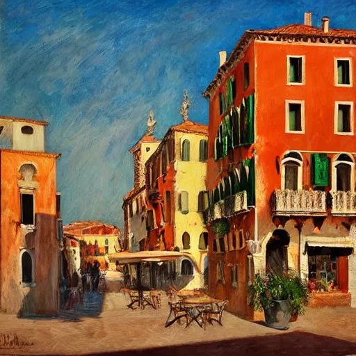 Prompt: italian restaurant in venice, sunny, shadows, marc dalessio