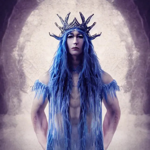 Prompt: the prince of frost standing alone in his court, single person, archfey, head and shoulders portrait, fantasy, white hair, blue skin, wild eyebrows, young adult, elf, crown, hard edges, hard lighting, professional lighting, trending on cgsociety