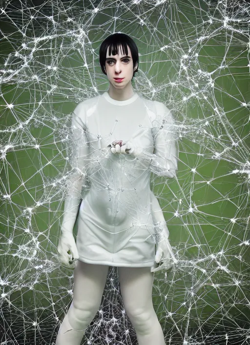 Prompt: hyper render - kawaii portrait ( space suit, chrome, porcelain forcefield, krysten ritter ) punching in network berry and her delicate hands hold gossamer polyp fungal flowers, dress, ryden, odilon, borg