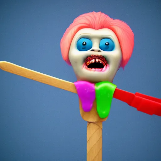 Prompt: ice cream popsicle shaped like screaming chucky doll, octane render, centered, slightly melted