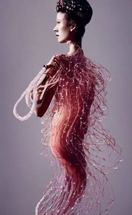 Image similar to Fashion photography of a woman wearing a Gucci dress inspired by a jellyfish, artistic photography, insanely detailed, chiaroscuro, cinestill 800t, Vogue magazine