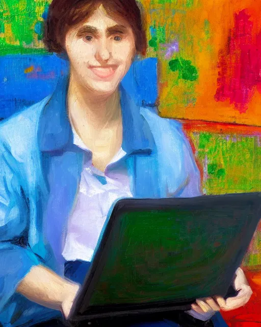 Image similar to an impressionist oil portrait of a young teacher of computer science with a computer, colorful, high resolution