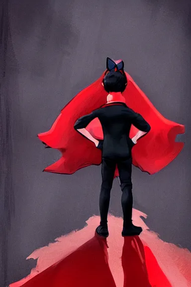 Image similar to little boy with cat ears in an black outfit with red cape. digital painting made by lois van baarle and marc simonetti, sharpness focus, inspired by hirohiko araki, anatomically correct, heroic composition, hero pose, smooth