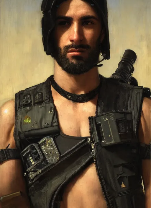 Prompt: Ezra. buff cyberpunk assassin wearing a military vest and military gear (cyberpunk 2077). handsome face. Iranian orientalist portrait by john william waterhouse and Edwin Longsden Long and Theodore Ralli and Nasreddine Dinet, oil on canvas. Cinematic, hyper realism, realistic proportions, dramatic lighting, high detail 4k