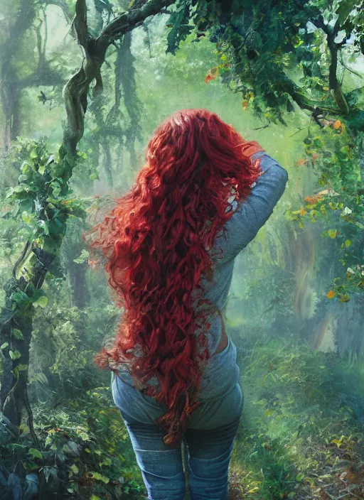 Image similar to full body portrait of a beautiful woman with fire red wavy hair, loosely clothed in vines, sitting on a bench, leaning backwards, arms reaching out to her sides, with a mischievous smile, dense foliage in the background by Jeremy Mann, vivid colors, green hue, stylized, detailed, loose brush strokes