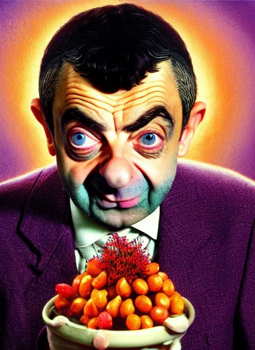 Image similar to hyper detailed 3d render like a Oil painting muted colors - slightly silly portrait of Rowan Atkinson as Mr. Bean in Aurora seen Eating of the Strangling network of yellowcake aerochrome and milky Fruit and Her delicate Hands hold of gossamer polyp blossoms bring iridescent fungal flowers whose spores black the foolish stars by Jacek Yerka, Mariusz Lewandowski, Houdini algorithmic generative render, Abstract brush strokes, Masterpiece, Edward Hopper and James Gilleard, Zdzislaw Beksinski, Nicoletta Ceccoli, Wolfgang Lettl, hints of Yayoi Kasuma, octane render, 8k