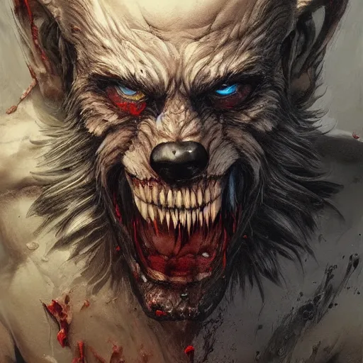 Image similar to werewolf lycanthrope grinning razorpunk vile reprobate jason statham ripped physique portrait Wolfman Wolfman Fenrir with tombow jonas de ro odd nerdrum greg rutkowski frank frazetta alexandre briclot Dave Dorman splatterpaint