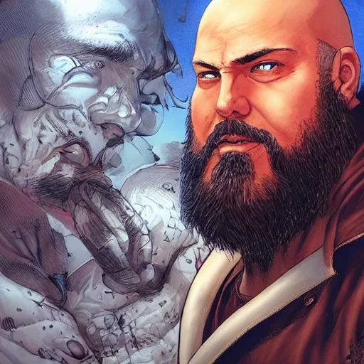 Prompt: chonky ethan van sciver with a bald head and grey trimmed beard with a pointy nose as a sea captain, beautiful artwork by artgerm and rutkowski, breathtaking, beautifully lit, dramatic, full view