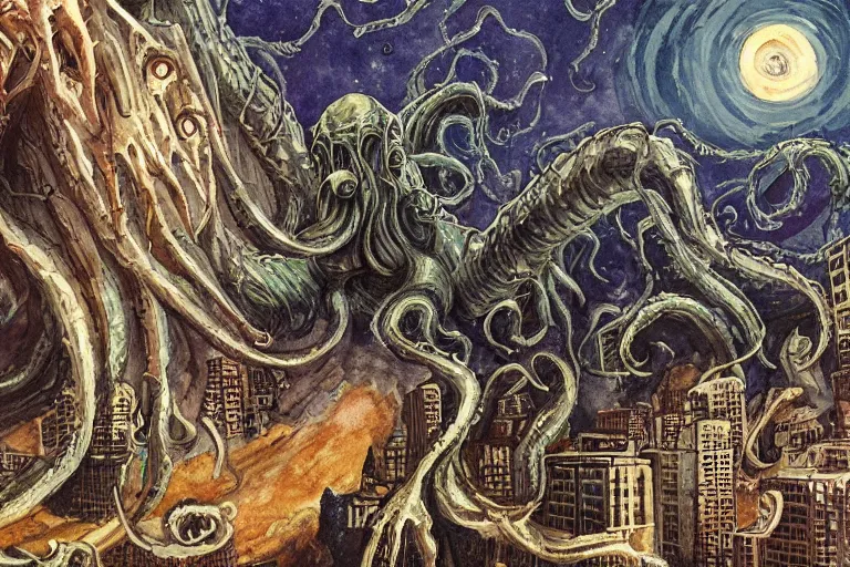 Image similar to man is seeing old god eldritch horror cthulhu terrifying the night sky of a modern city with tall buildings, he is coming from the ocean, epic scene, hyper detailed, gigantic cthulhu wallpaper, dark art, messy watercolor paint