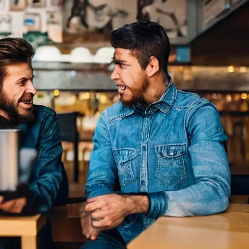 Image similar to a man sitting outside a restaurant with his tv, friend is angry,