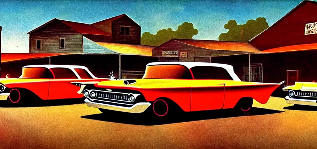 Prompt: concept art of hotrods in a small rural town in middle America in the 1960s, detailed, Americana, golden hour