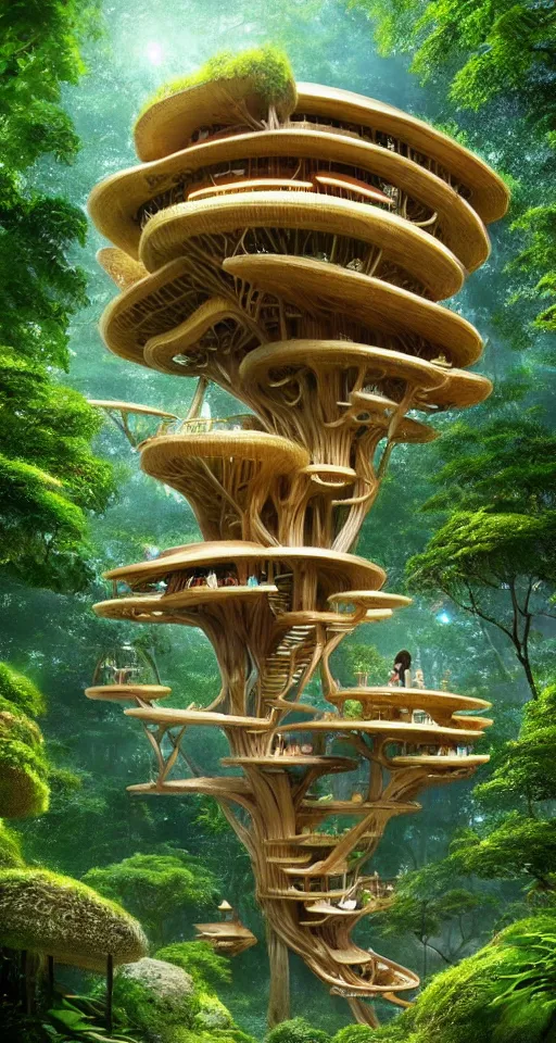 Prompt: fantasy, futuristic treehouse in the style of kengo kuma, surrounded by jungle, parametric, wood, expansive grand scale, by studio ghibli, by makoto shinkai, soft atmosphere, exotic plants, fireflies, mushrooms, magic, 8 k, god rays