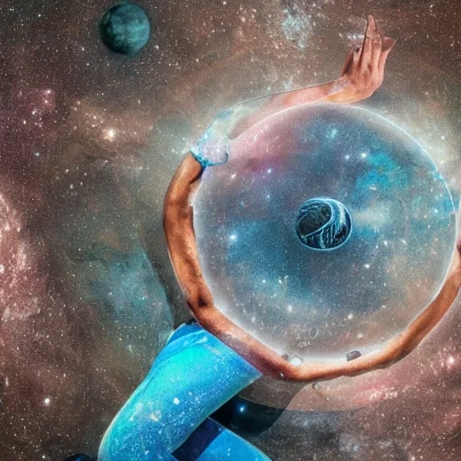 Image similar to photo of female yoga instructor on a surface of a planet in space