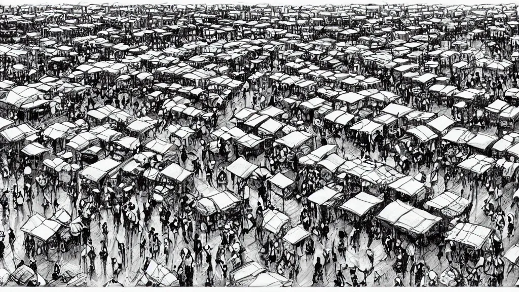 Image similar to a black and white drawing of a busy fish market stretching to the horizon, a storybook illustration by mattias adolfsson, behance contest winner, modern european ink painting, matte drawing, storybook illustration, panoramic, isometric