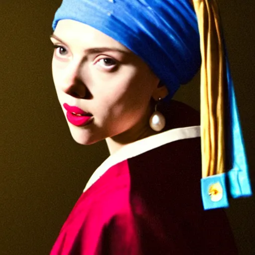 Prompt: Scarlett Johansson with a pearl earring by Johannes Vermeer, photography, photo