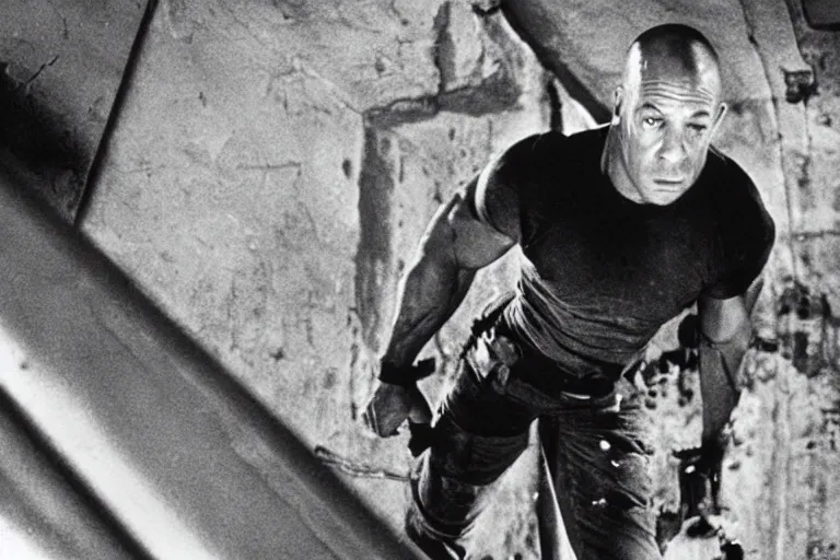 Image similar to film still of Vin Diesel as John McClane crawling through ventilation shaft in Die Hard 1988