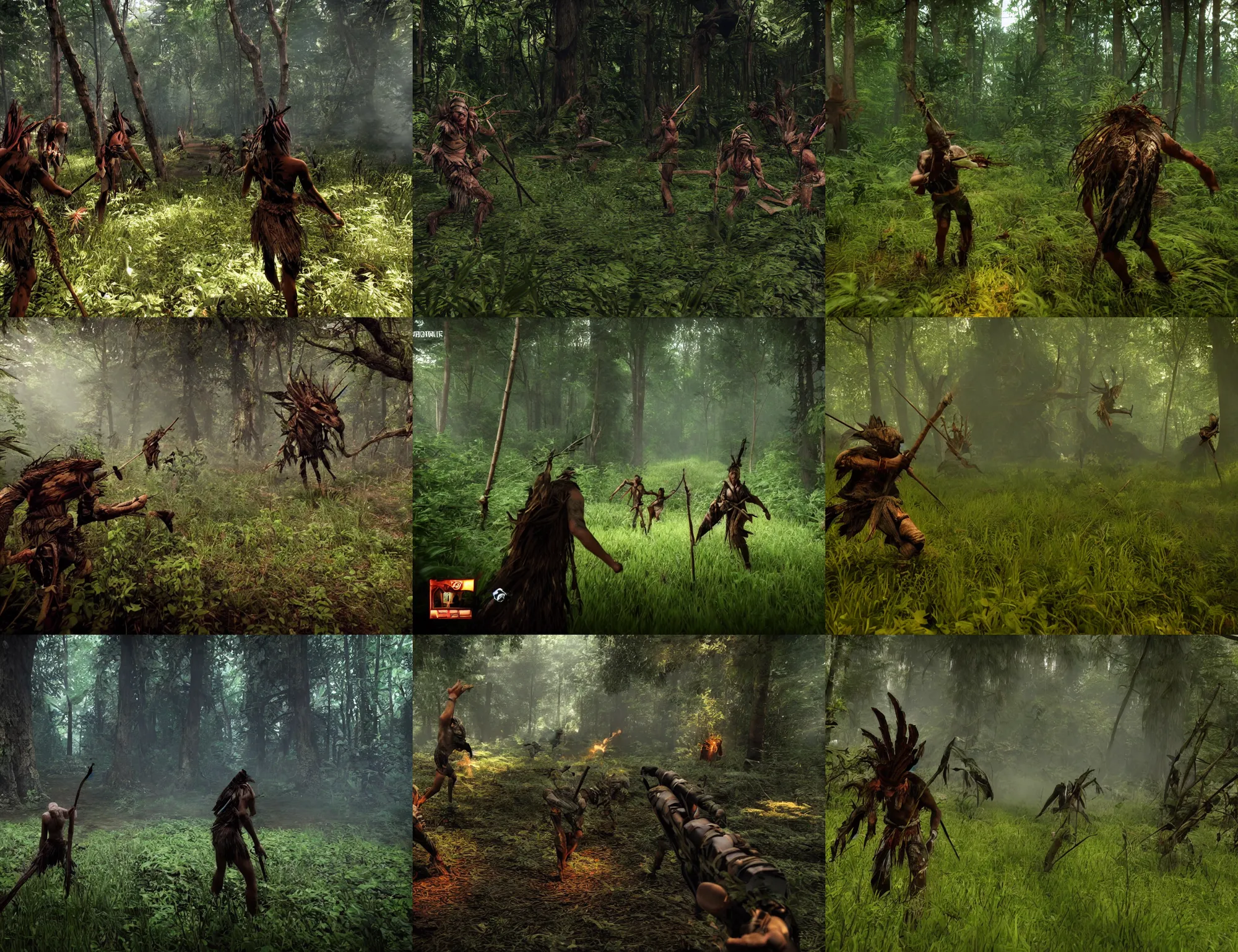 Prompt: a the forest game screenshot wit the tribal enemy in the middle of the screenshot ultra realistic